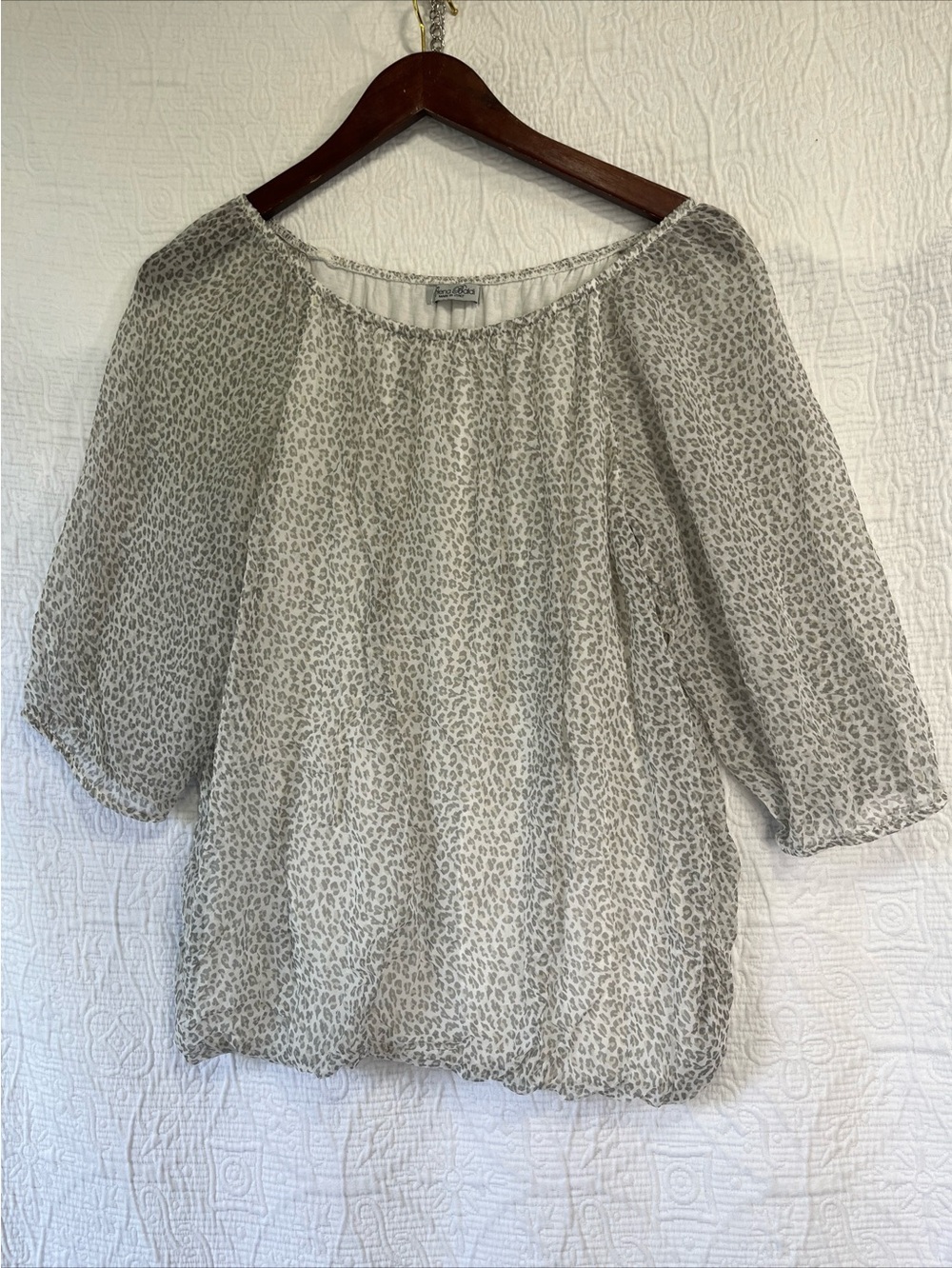 Elena Baldi Silk Blouse Italian Made Women OS Leopard Lined Sheer Puff Sleeves